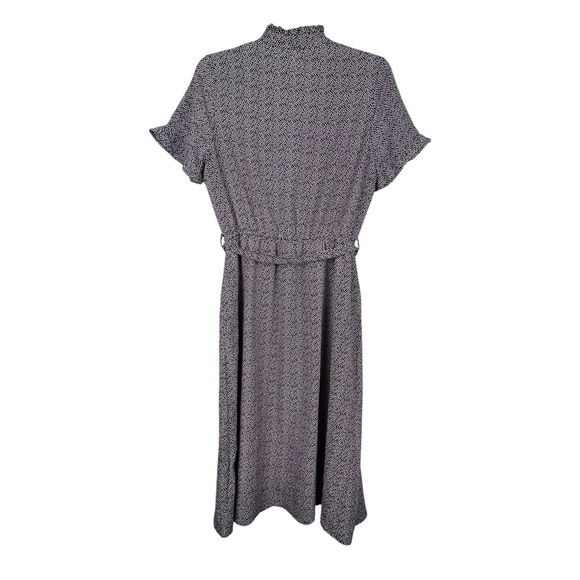 Black & White Polka Dot Dress Size Large Ruffle Neck & Sleeves Button Up & Belt - Picture 10 of 11